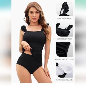Stylish Black Ruffle Sleeve Swimsuit